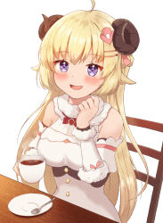 Rule 34 | 1girl, :d, ahoge, animal ears, blonde hair, blush, bow, bowtie, braid, breasts, brooch, clenched hand, cup, detached sleeves, dress, fur-trimmed dress, fur-trimmed sleeves, fur trim, hair ornament, hairclip, half updo, highres, holding, holding cup, hololive, horns, jewelry, long hair, looking at viewer, medium breasts, open mouth, purple eyes, red bow, red bowtie, rinkaa (lovelive765pro2), sheep ears, sheep girl, sheep horns, sitting, sleeveless, sleeveless dress, smile, solo, tsunomaki watame, tsunomaki watame (1st costume), very long hair, virtual youtuber, white dress