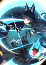 Rule 34 | 1girl, animal ear fluff, animal ears, black gloves, black hair, black skirt, blue fire, blue jacket, blurry, blurry foreground, commentary request, depth of field, fingerless gloves, fire, floating hair, fox ears, from side, gloves, highres, holding, hoshimi miyabi, jacket, long hair, long sleeves, looking at viewer, looking to the side, pleated skirt, red eyes, skirt, solo, v-shaped eyebrows, very long hair, wide sleeves, yu e baba, zenless zone zero