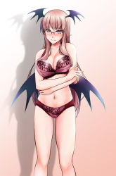 Rule 34 | 1girl, bat wings, bespectacled, blush, bra, breasts, cleavage, collarbone, commentary request, cowboy shot, crossed arms, ear blush, glasses, gradient background, head wings, highres, koakuma, large breasts, long hair, looking at viewer, navel, panties, pointy ears, red bra, red eyes, red hair, red panties, semi-rimless eyewear, shadow, simple background, smile, solo, thigh gap, touhou, underwear, underwear only, very long hair, wings, yumi (careca398)