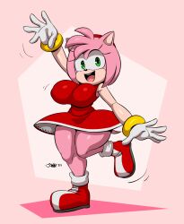 Rule 34 | 1girl, amy rose, boots, breasts, dress, gloves, green eyes, hairband, hedgehog girl, highres, joao pereira, large breasts, looking at viewer, mobian (species), multicolored boots, on one leg, pink hair, red dress, white gloves