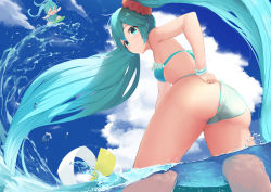 Rule 34 | 1girl, absurdly long hair, absurdres, adjusting clothes, adjusting swimsuit, ass, ball, beachball, bikini, blue bikini, blue eyes, blue hair, blue sky, blush, closed mouth, cloud, day, floating hair, frilled bikini, frills, from behind, hair between eyes, hatsune miku, highres, long hair, nenma, ocean, outdoors, sky, smile, solo, swimsuit, twintails, very long hair, vocaloid, wading