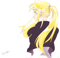 Rule 34 | 1girl, artist name, black jacket, blonde hair, blue eyes, blunt bangs, clothes lift, commentary, earrings, expressionless, eyelashes, from behind, fullmetal alchemist, high ponytail, jacket, jewelry, long hair, long sleeves, looking at viewer, looking back, nape, parted lips, ponytail, profile, shirt, sidelocks, simple background, sleepy (2057850), solo, upper body, v arms, very long hair, white background, white shirt, wind, wind lift, winry rockbell