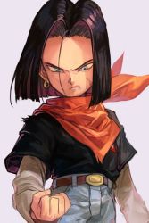 Rule 34 | 1boy, android 17, belt, black hair, blue eyes, clenched hand, denim, dragon ball, dragonball z, earrings, grey background, hungry clicker, jewelry, long sleeves, male focus, scar, scarf, serious, simple background, solo