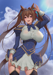 Rule 34 | 1girl, animal ears, baeg mi, blue jacket, blue skirt, blush, boots, breasts, brown hair, buttons, contrapposto, covered erect nipples, daiwa scarlet (umamusume), double-breasted, epaulettes, framed breasts, garter straps, hair intakes, highres, horse ears, horse girl, horse tail, huge breasts, jacket, juliet sleeves, korean commentary, lens flare, long hair, long sleeves, looking at viewer, miniskirt, open mouth, overskirt, puffy sleeves, red eyes, see-through, shading eyes, skirt, smile, solo, sunlight, sweat, tail, thigh boots, thighhighs, tiara, twintails, umamusume, underbust, very long hair, wet, wet clothes, white skirt