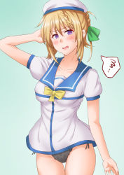 Rule 34 | 1girl, anti (untea9), black panties, blonde hair, blue background, blue sailor collar, bow, braid, braided bangs, braided bun, commentary request, cosplay, dress, gradient background, hair bun, hat, highres, kaiboukan no. 4 (kancolle), kaiboukan no. 4 (kancolle) (cosplay), kantai collection, long hair, looking at viewer, open mouth, panties, perth (kancolle), purple eyes, sailor collar, sailor dress, sailor hat, side-tie panties, solo, spoken squiggle, squiggle, undersized clothes, underwear, white dress, white hat, yellow bow