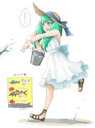 Rule 34 | 1girl, alternate costume, bucket, dress, fire emblem, fire emblem: three houses, fish, flayn (fire emblem), from side, full body, green eyes, green hair, hair ornament, hat, long hair, nintendo, open mouth, robaco, simple background, sleeveless, sleeveless dress, solo, straw hat, throwing, white background, white dress
