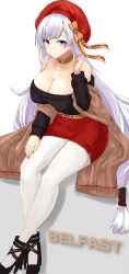 Rule 34 | 1girl, absurdres, azur lane, belfast (azur lane), belfast (shopping with the head maid) (azur lane), belt, beret, black footwear, black sweater, blue eyes, breasts, choker, cleavage, collarbone, derivative work, dress, hair ornament, hair ribbon, hand up, hat, high heels, highres, large breasts, long hair, looking at viewer, applying manicure, pantyhose, red skirt, ribbon, shoes, silver hair, sitting, skirt, smile, solo, sweater, sweater dress, very long hair, white background, white pantyhose, xiao huanggua