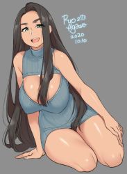 Rule 34 | 1girl, 2020, agawa ryou, artist name, bare shoulders, black hair, breasts, commentary, dated, green eyes, grey background, hair intakes, large breasts, long hair, meme attire, open mouth, original, signature, simple background, sitting, sleeveless, sleeveless sweater, smile, solo, sweater, thick eyebrows, thighs, very long hair