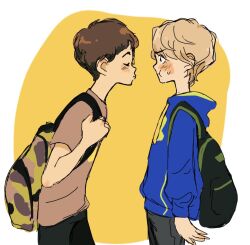 Rule 34 | 2boys, backpack, bag, blonde hair, blush, brown eyes, brown hair, closed eyes, commentary, cookio, english commentary, from side, imminent kiss, looking at another, male focus, multiple boys, original, pants, shirt, short hair, simple background, yaoi