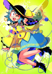 Rule 34 | 1girl, adapted costume, aqua hair, aqua skirt, black footwear, black hat, blue eyes, boots, carte, commentary, detached sleeves, eyeshadow, floral print, full body, green background, hand on headwear, hand up, hat, hat ribbon, heart, high heel boots, high heels, highres, komeiji koishi, long sleeves, looking at viewer, makeup, medium hair, negative, one eye closed, open mouth, red eyeshadow, ribbon, rose print, shirt, skirt, smile, solo, symbol-only commentary, teeth, third eye, touhou, upper teeth only, wide sleeves, yellow ribbon, yellow shirt, ||/