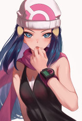 Rule 34 | 1girl, absurdres, bare shoulders, beanie, black shirt, blue eyes, blue hair, blush, breasts, creatures (company), dawn (pokemon), game freak, grey background, hand on own chin, hat, highres, long hair, looking at viewer, md5 mismatch, medium breasts, nintendo, parted lips, pink scarf, pokemon, pokemon dppt, resolution mismatch, revision, scarf, shiny skin, shirt, simple background, sleeveless, sleeveless shirt, solo, source smaller, teeth, torriet, upper body, white hat
