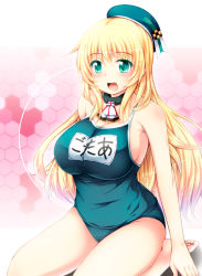 Rule 34 | 10s, 1girl, atago (kancolle), blonde hair, breasts, competition school swimsuit, green eyes, hat, kantai collection, large breasts, long hair, name tag, one-piece swimsuit, open mouth, school swimsuit, seiza, sideboob, sitting, smile, solo, swimsuit, tekehiro, very long hair