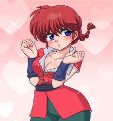 Rule 34 | 1girl, black pants, blouse, blue eyes, blush, braid, braided ponytail, breasts, chinese clothes, cleavage, genderswap, genderswap (mtf), heart, heart background, highres, looking at viewer, medium breasts, pants, parted lips, pink background, ranma-chan, ranma 1/2, red hair, red shirt, saotome ranma, shirt, short hair, short sleeves, single braid, solo, sparkle, standing, tangzhuang, upper body, wanta (futoshi), wristband