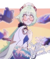 Rule 34 | animal ears, bag, black gloves, blue flower, blue leotard, blue ribbon, blush, bracelet, cape, character request, clipboard, emphasis lines, flower, fur collar, gem, genshin impact, gift, glasses, gloves, green hair, hair between eyes, hair flaps, hand up, happy birthday, heart, highres, holding, holding bag, holding clipboard, holding flower, holding gem, holding gift, jewelry, kagura8999, leotard, letterboxed, long sleeves, multicolored background, open mouth, orange eyes, ponytail, ribbon, semi-rimless eyewear, spiked bracelet, spikes, star (symbol), sucrose (genshin impact), surprised, upper body, white cape, white gloves, white sleeves, yellow ribbon
