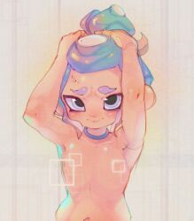 Rule 34 | 1girl, agent 8 (splatoon), armpits, arms up, blonde hair, blue choker, blue hair, blush, choker, closed mouth, commentary, completely nude, embarrassed, english commentary, flat chest, furrowed brow, gradient hair, hands on own head, high ponytail, highres, looking at viewer, multicolored hair, nintendo, nipples, nude, octoling, octoling girl, octoling player character, onimiere, purple eyes, purple hair, solo, splatoon (series), splatoon 3, splatoon 3: side order, suction cups, sweat, tentacle hair, thick eyebrows, upper body