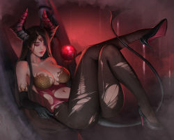 Rule 34 | 1girl, absurdres, bad id, bad pixiv id, bare shoulders, black footwear, black gloves, breasts, brown hair, brown pantyhose, circlet, cleavage, crossed legs, demon girl, demon horns, demon tail, demon wings, full body, gg amang, gloves, half-closed eyes, high heels, highres, holding orb, horns, large breasts, long hair, looking away, lost ark, midriff, mole, mole on breast, navel, pantyhose, parted lips, pink eyes, revision, solo, tail, thighs, torn clothes, torn pantyhose, vykas (lost ark), wings