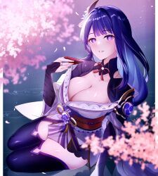 Rule 34 | 1girl, alcohol, breasts, bridal gauntlets, cleavage, cup, genshin impact, hair ornament, highres, japanese clothes, kimono, kmes niku, large breasts, long hair, looking at viewer, open mouth, purple eyes, purple hair, purple kimono, raiden shogun, sakazuki, sake, solo, thighhighs, zettai ryouiki