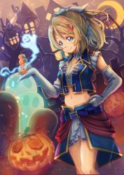Rule 34 | 1girl, anchor hair ornament, ayase eli, bare shoulders, bare tree, belt, blonde hair, blue eyes, blue shirt, blue shorts, blush, bow, collared shirt, crescent moon, dancing stars on me!, elbow gloves, female focus, frills, ghost, gloves, hair ornament, hair scrunchie, halloween, hand on own hip, highres, holding, jack-o&#039;-lantern, long hair, looking at viewer, love live!, love live! school idol festival, love live! school idol project, macken, midriff, moon, navel, night, ponytail, pumpkin, scrunchie, shirt, short hair, shorts, skirt, smile, solo, standing, tombstone, town, tree, vest, white bow, white gloves, white scrunchie, white skirt, white vest