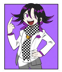 Rule 34 | 1boy, :d, back hair, black hair, border, breast pocket, checkered clothes, checkered neckwear, checkered scarf, commentary request, cowboy shot, danganronpa (series), danganronpa 10th anniversary costume, danganronpa v3: killing harmony, furukawa (yomawari), hair between eyes, hand on own hip, hand up, highres, index finger raised, jacket, long sleeves, male focus, official alternate costume, one eye closed, open mouth, oma kokichi, outside border, pants, pink background, pink shirt, pocket, purple eyes, purple hair, scarf, shirt, short hair, smile, solo, straitjacket, teeth, upper teeth only, vest, white border, white jacket, white pants, white vest