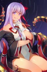 Rule 34 | 1girl, bb (fate), bb (fate) (all), bb (swimsuit mooncancer) (fate), bb (swimsuit mooncancer) (third ascension) (fate), black coat, coat, ebbilin, fate/grand order, fate (series), gloves, leotard, long hair, looking at viewer, night, night sky, popped collar, purple eyes, purple hair, red ribbon, ribbon, sitting, sky, solo, tan, tentacles, tongue, tongue out, white gloves, white leotard