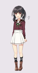 Rule 34 | 1girl, :d, black hair, black socks, boots, bow, brown footwear, brown jacket, brown sailor collar, cross-laced footwear, dress, full body, green bow, highres, jacket, lace-up boots, long sleeves, looking at viewer, nekozuki yuki, open mouth, original, pleated dress, purple background, red eyes, sailor collar, sailor dress, school uniform, signature, simple background, smile, socks, solo, standing, twintails, white dress