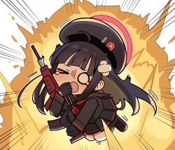 Rule 34 | &gt; o, 1girl, absurdres, beret, black gloves, black hair, black hat, black sailor collar, black serafuku, black skirt, blue archive, blush, explosion, gloves, gun, halo, hat, highres, holding, holding gun, holding weapon, justice task force member (blue archive), long hair, long sleeves, neckerchief, one eye closed, open mouth, patanda, pleated skirt, red halo, red neckerchief, sailor collar, school uniform, serafuku, skirt, solo, weapon