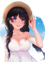 Rule 34 | 1girl, :d, akaza akari (artist), arm at side, bare arms, bare shoulders, blue eyes, blue sky, blush, braid, breasts, brown hat, cleavage, collarbone, commentary request, day, dress, flower, hair flower, hair ornament, hairclip, hand on headwear, hand up, hat, long hair, looking at viewer, medium breasts, nijisanji, open mouth, outside border, round teeth, sky, sleeveless, sleeveless dress, smile, solo, strap slip, sundress, teeth, tsukino mito, twin braids, upper body, upper teeth only, virtual youtuber, white dress