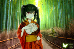 Rule 34 | 1girl, :o, asymmetrical hair, bamboo, bamboo forest, black hair, blush, bug, butterfly, clock, clock eyes, commentary request, date a live, day, hand fan, floral print, forest, gears, hair between eyes, heterochromia, holding, holding fan, bug, japanese clothes, kimono, long hair, looking at viewer, nature, outdoors, paper fan, print kimono, red eyes, solo, susaki chousen, symbol-shaped pupils, tokisaki kurumi, twintails, uchiwa, yellow eyes