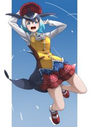 Rule 34 | absurdres, black hair, blonde hair, blowhole, blue eyes, blue hair, blue neckwear, blush, cabbie hat, cetacean tail, collared shirt, commentary request, common dolphin (kemono friends), dolphin girl, dorsal fin, fins, fish tail, hat, highres, kemono friends, kemono friends 3, long sleeves, midair, multicolored hair, official alternate costume, open mouth, plaid, plaid skirt, red hat, red skirt, shirt, short hair, skirt, tail, tanabe (fueisei), vest, white hair, white shirt, yellow vest