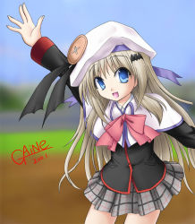 Rule 34 | 1girl, blonde hair, blue eyes, bow, cape, fang, gaine (artist), hat, little busters!, long hair, noumi kudryavka, pink bow, plaid, plaid skirt, skirt, solo, waving