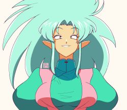 Rule 34 | 1990s (style), 1girl, blue hair, breasts, collared shirt, dress, earrings, green dress, grin, hair intakes, hardkoba, highres, jewelry, large breasts, long hair, looking at viewer, parted bangs, pointy ears, retro artstyle, ryouko (tenchi muyou!), shirt, sidelocks, smile, solo, spiked hair, tenchi muyou!, yellow eyes