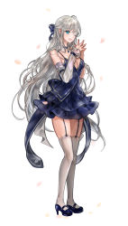 Rule 34 | 1girl, 96dgd, ;d, ahoge, aqua eyes, arm ribbon, bare shoulders, blue bow, blue dress, blue eyes, blue footwear, blue ribbon, bow, breasts, cleavage, detached collar, detached sleeves, dress, dungeon and fighter, earrings, fingers together, full body, garter straps, gem, grey hair, hair bow, hands up, high heels, highres, jewelry, long hair, looking at viewer, mary janes, medium breasts, necklace, no bra, one eye closed, open mouth, petals, pink lips, ribbon, shoes, simple background, skirt, smile, solo, standing, teeth, thighhighs, very long hair, white background, white thighhighs