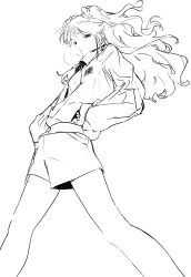 1girl absurdres aikatsu! aikatsu!_(series) bad_id bad_twitter_id chewing_gum feet_out_of_frame greyscale hands_in_pockets highres inactive_account jacket long_hair long_sleeves looking_at_viewer monochrome natsuki_mikuru shorts simple_background solo standing suiso_(owp) two_side_up white_background