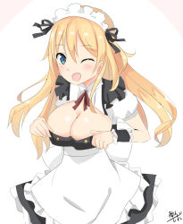 Rule 34 | 10s, 1girl, alternate costume, apron, artist name, atago (kancolle), bad id, bad pixiv id, bismarck (kancolle), blonde hair, blue eyes, breasts, cleavage, cuffs, enmaided, hair ornament, hair ribbon, kanisaka shizuku, kantai collection, large breasts, long hair, looking at viewer, maid, maid apron, maid headdress, ribbon, signature, skirt, solo, uniform, white background