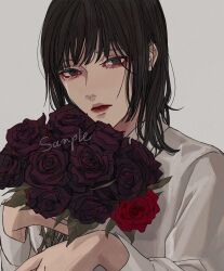 Rule 34 | 1boy, androgynous, bishounen, black hair, bouquet, brown eyes, brown flower, brown rose, closed mouth, commission, crying, crying with eyes open, flower, highres, holding, holding bouquet, holding flower, kagoya1219, long sleeves, looking at viewer, male focus, medium hair, original, red flower, red rose, rose, sample watermark, shirt, simple background, solo, straight hair, tears, upper body, watermark, white background, white shirt