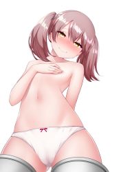 Rule 34 | 1girl, arm behind back, bad id, bad twitter id, blush, bow, bow panties, brown hair, cameltoe, covering privates, covering chest, cowboy shot, flat chest, from below, hair tie, head tilt, kantai collection, kirigakure (kirigakure tantei jimusho), no pants, panties, ryuujou (kancolle), simple background, smile, solo, topless, twintails, underwear, white background, white panties, yellow eyes