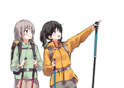 Rule 34 | 2girls, :d, backpack, bag, black hair, blush, brown shorts, cane, commentary request, green eyes, green jacket, grey hair, grey skirt, highres, jacket, kuraue hinata, lamb (hitsujiniku), looking away, looking to the side, multiple girls, open mouth, outstretched arm, pointing, purple eyes, shorts, simple background, skirt, smile, twintails, white background, yama no susume, yellow jacket, yukimura aoi