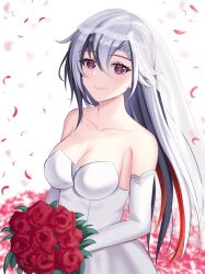Rule 34 | 1girl, arlecchino (genshin impact), bare shoulders, black hair, bouquet, breasts, bridal veil, cleavage, collarbone, commentary request, dress, earrings, elbow gloves, flower, genshin impact, gloves, grey hair, hair between eyes, highres, jewelry, large breasts, multicolored hair, petals, red flower, red rose, rose, rose petals, solo, strapless, strapless dress, streaked hair, upper body, veil, white background, white dress, white gloves, xaphixu