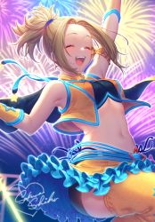 Rule 34 | 1girl, :d, arm strap, arm up, armpits, artist name, backlighting, bare shoulders, bike shorts, blonde hair, blue ribbon, blush, bracer, breasts, commentary request, closed eyes, fireworks, forehead, frilled skirt, frills, hair tie, idolmaster, idolmaster cinderella girls, leg up, long hair, manabe itsuki, midriff, miniskirt, navel, neon trim, open clothes, open mouth, open vest, orange skirt, orange thighhighs, orange vest, outdoors, panties, ponytail, ribbon, sakura shiho, shorts, shorts under skirt, side-tie panties, signature, skirt, small breasts, smile, solo, star (symbol), stomach, teeth, thighhighs, thong, underwear, upper teeth only, vest