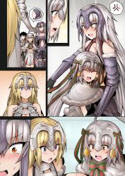 Rule 34 | 1boy, 3girls, ahoge, anger vein, armor, blonde hair, blush, breasts, brown eyes, cleavage, comic, faceless, faceless male, fate/grand order, fate (series), fujimaru ritsuka (male), fujimaru ritsuka (male) (chaldea combat uniform), ginhaha, headdress, hug, jeanne d&#039;arc (fate), jeanne d&#039;arc alter (avenger) (fate), jeanne d&#039;arc alter (fate), jeanne d&#039;arc alter santa lily (fate), long hair, multiple girls, official alternate costume, pregnant, purple eyes, silver hair, very long hair, wavy mouth
