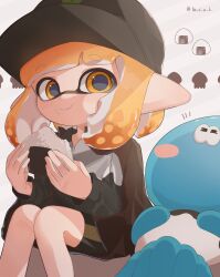 Rule 34 | 1girl, 1other, = =, artist name, baseball cap, bike shorts, black headwear, blonde hair, blue skin, chewing, closed mouth, colored skin, commentary request, eyebrows hidden by hair, feet out of frame, food, ha r a k, hat, highres, holding, holding food, inkling, inkling girl, inkling player character, jellyfish (splatoon), looking at viewer, medium hair, nintendo, onigiri, pointy ears, print headwear, sitting, smile, splatoon (series), splatoon 3, tentacle hair, thick eyebrows, twitter username, white background, yellow eyes