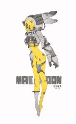Rule 34 | 1girl, android, bodysuit, covered face, crop top, dated, female focus, helmet, highres, liren44, original, science fiction, solo, space helmet, yellow bodysuit