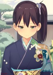 Rule 34 | 1girl, alternate costume, alternate eye color, architecture, blue kimono, brown hair, closed mouth, day, east asian architecture, floral print, flower, green eyes, hair flower, hair ornament, highres, japanese clothes, kaga (kancolle), kantai collection, kimono, masukuza j, outdoors, sash, side ponytail, solo, tree