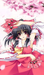 Rule 34 | 1girl, :d, aoi hiro, arm up, armpits, ascot, black hair, bow, breasts, brown hair, cherry blossoms, detached sleeves, hair bow, hair ribbon, hair tubes, hakurei reimu, holding, long hair, looking at viewer, nontraditional miko, ofuda, open mouth, petals, ribbon, smile, solo, touhou, wind