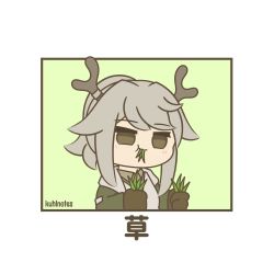 Rule 34 | 1girl, absurdres, animal ears, antlers, arknights, artist name, blush stickers, border, brown gloves, chibi, deer, deer antlers, deer ears, deer girl, eating, firewatch (arknights), food, food in mouth, gloves, grass, green background, green jacket, green shirt, highres, holding, holding food, horns, jacket, kuhl-notes, medium hair, meme, ponytail, reindeer antlers, shirt, sidelocks, simple background, solo, sound effects, upper body, white border