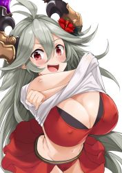 Rule 34 | 1girl, ahoge, antenna hair, bikini, bikini skirt, blouse, blush, breasts, cleavage, clothes lift, cowboy shot, draph, flower, granblue fantasy, grey hair, hair between eyes, hair flower, hair ornament, horns, kosuke (bb), large breasts, lifting own clothes, long hair, looking at viewer, miniskirt, nipples, open mouth, parted bangs, pointy ears, red bikini, red eyes, see-through, shirt, shirt lift, simple background, skirt, smile, solo, standing, swimsuit, threo (eternal&#039;s summer vacation) (granblue fantasy), threo (granblue fantasy), v-shaped eyebrows, very long hair, white background, white shirt
