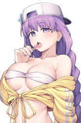 Rule 34 | 1girl, backwards hat, bandeau, bare shoulders, baseball cap, bb (fate), bb (fate) (all), bb (swimsuit mooncancer) (fate), bb (swimsuit mooncancer) (first ascension) (fate), bikini, bikini top only, blush, breasts, candy, cleavage, collarbone, cropped jacket, fate/grand order, fate (series), food, hat, hat ornament, highres, jacket, jp06, large breasts, lollipop, long hair, long sleeves, looking at viewer, navel, off shoulder, open mouth, purple eyes, purple hair, simple background, solo, star (symbol), star hat ornament, strapless, strapless bikini, swimsuit, very long hair, white background, white bikini, yellow jacket