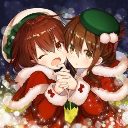 Rule 34 | 2girls, brown eyes, brown hair, fang, haiba 09, hat, highres, holding hands, ikazuchi (kancolle), inazuma (kancolle), kantai collection, long hair, long sleeves, looking at viewer, multiple girls, one eye closed, open mouth, santa costume, short hair
