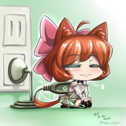 Rule 34 | 1girl, android, animal ears, bare shoulders, black thighhighs, blush, bow, cat ears, chibi, curly hair, closed eyes, freckles, green skirt, hair bow, highres, orange hair, penny polendina, pink bow, plug, rwby, skirt, solo, thighhighs, vilde loh hocen