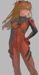 Rule 34 | 1girl, absurdres, blue eyes, bodysuit, breasts, commentary, facing away, feet out of frame, grey background, hairpods, hand on own hip, highres, interface headset, long hair, looking away, neon genesis evangelion, open mouth, orange hair, plugsuit, red bodysuit, simple background, skin tight, small breasts, solo, souryuu asuka langley, yudouhu (yudouhu yu 102)